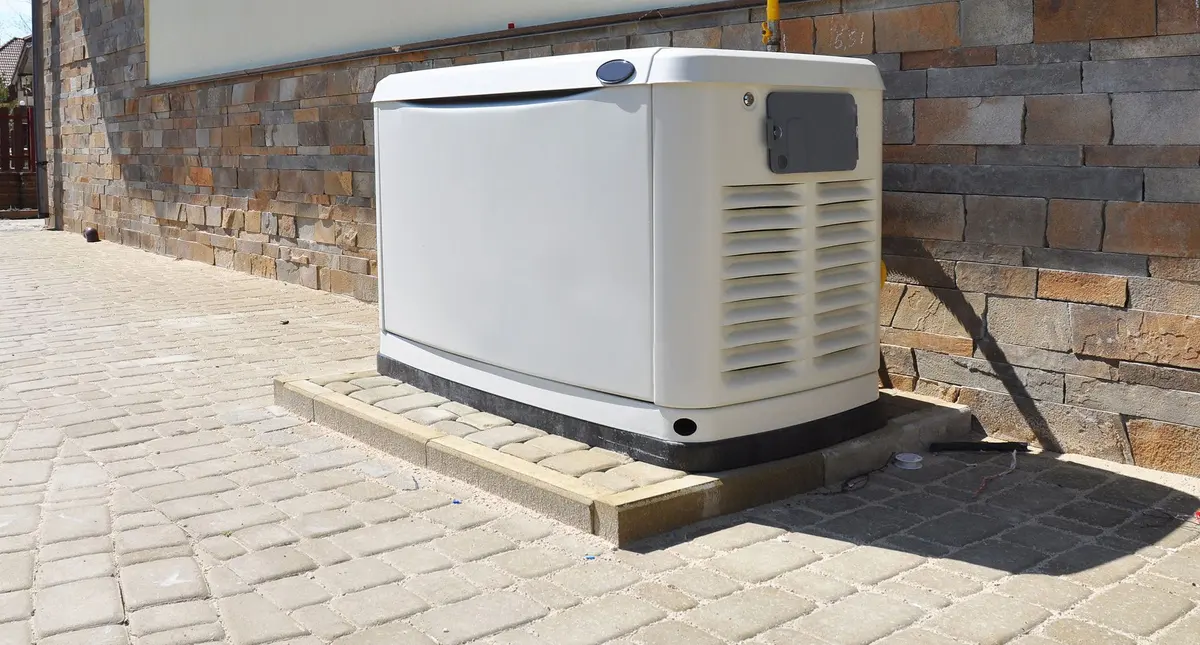 A standby generator installed on a pad beside a stone wall